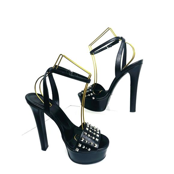 Gucci Black Studded Leila Platform Ankle Strap Heels size EU 38.5 Statement Pump - Picture 4 of 10